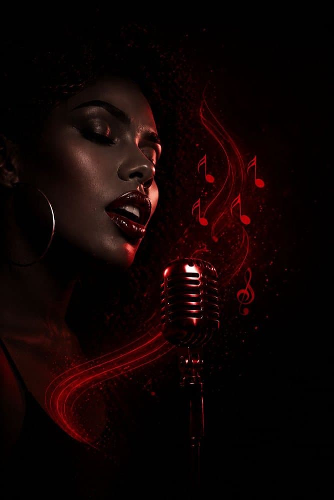 Une chanteuse au micro, ambiance karaoké